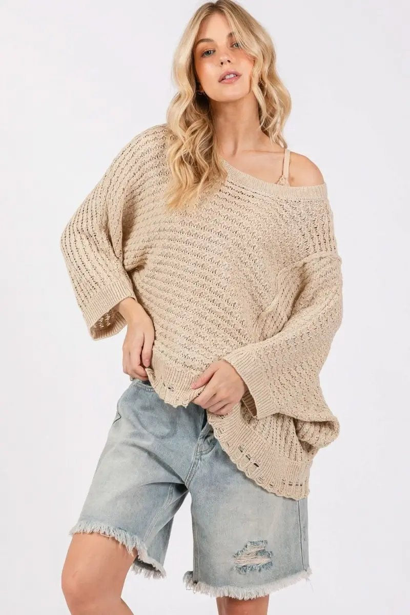SAGE + FIG Distressed Asymmetrical Open Stitch Sweater - Love Salve